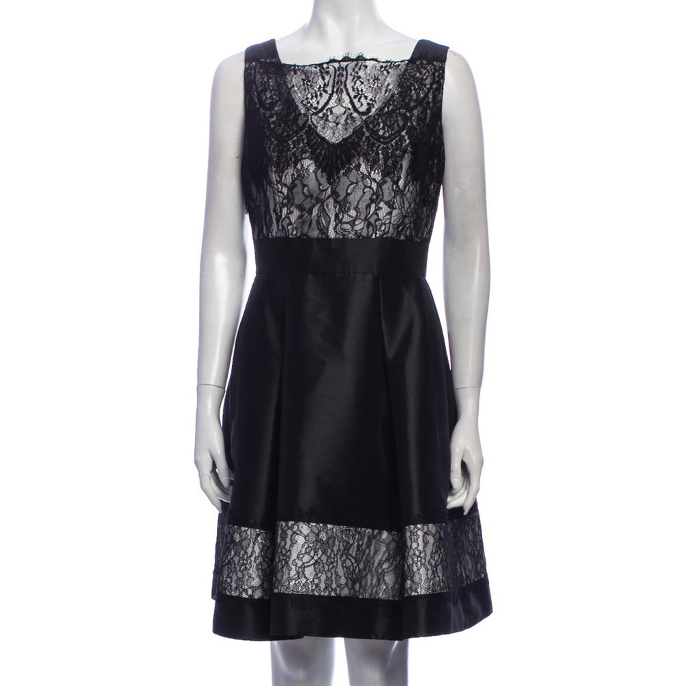Theia Black Lace Pleated Cocktail Dress 0